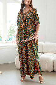 Floral Print V-Neck Lace-Up Loose Holiday Cover-Up Maxi Dress