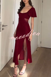 Yumi Velvet Lace Patchwork Bell Sleeve Back Lace-up Slit Midi Dress