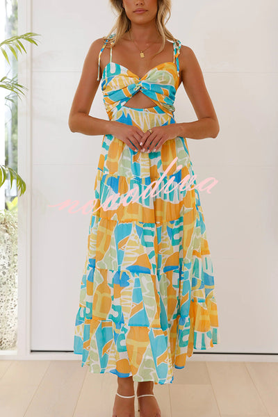 Unique Printed Suspender Tie Back Pleated Midi Dress