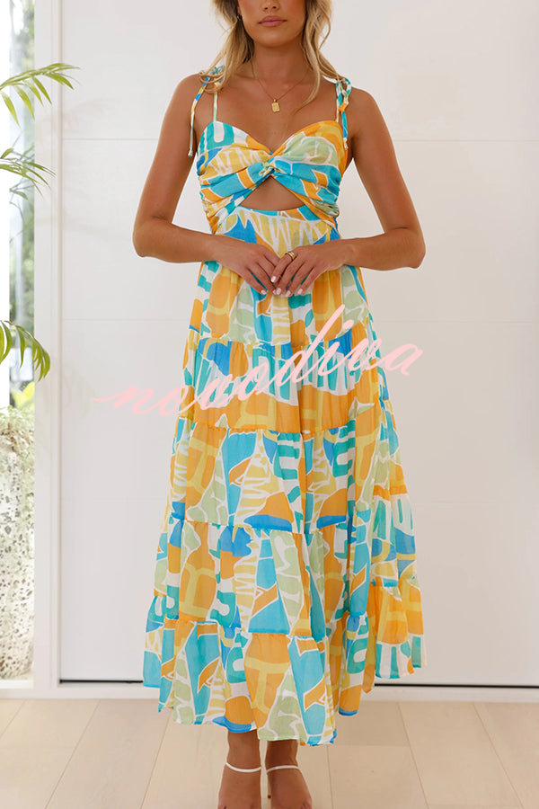 Unique Printed Suspender Tie Back Pleated Midi Dress