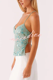 Dazzling Sequin Beaded Material Back Lace-up Loose Tank