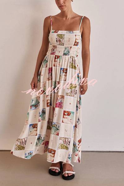 Unique Printed Sling Backless Elastic Pleated Maxi Dress