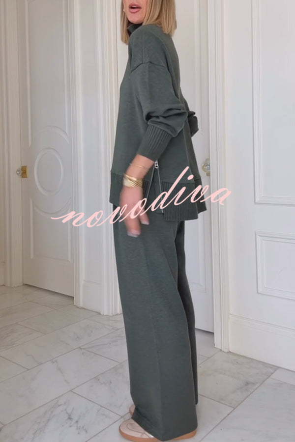 Barker High-Neck Long Sleeve Side Zipper Sweatshirt and Elastic Waist Pocketed Loose Pants Set