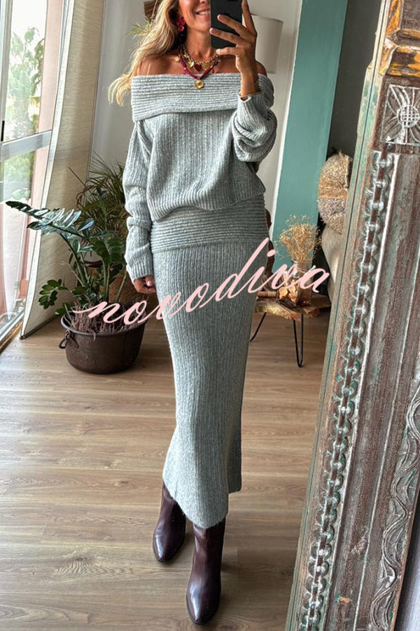 Luka Ribbed Knit Off Shoulder Long Sleeve Sweater and Stretch Maxi Skirt Set