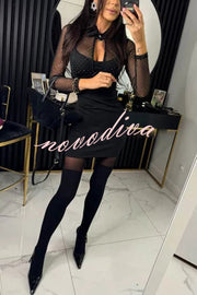 Stevie Mesh Glitter Fabric Cutout Shirt Neck Long Sleeve Stretch Mini Dress