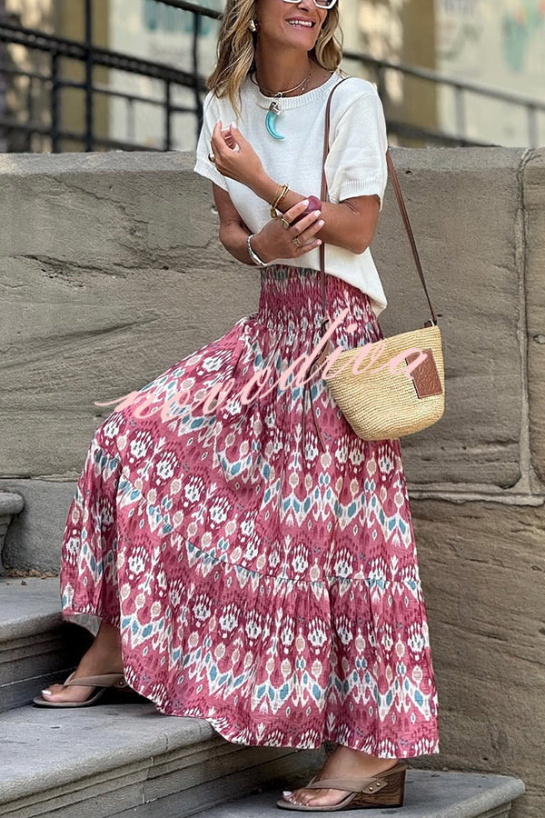 Resort Style Unique Print Pleated Elastic Waist Maxi Skirt