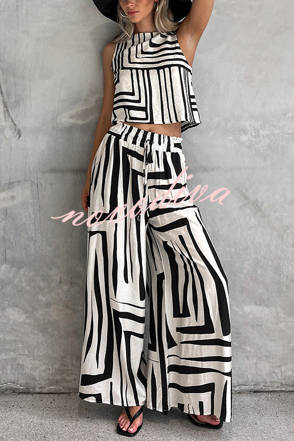 Striped Printed Sleeveless Casual Top and Elastic Waist Loose Pocket Wide-leg Pants Set