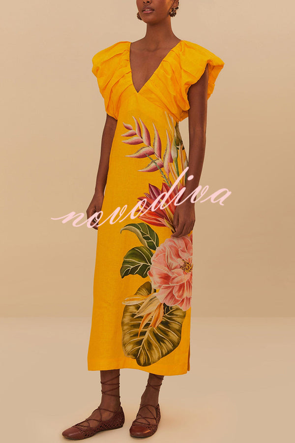 Plant Print V-neck Open Back Holiday Style Slit Midi Dress