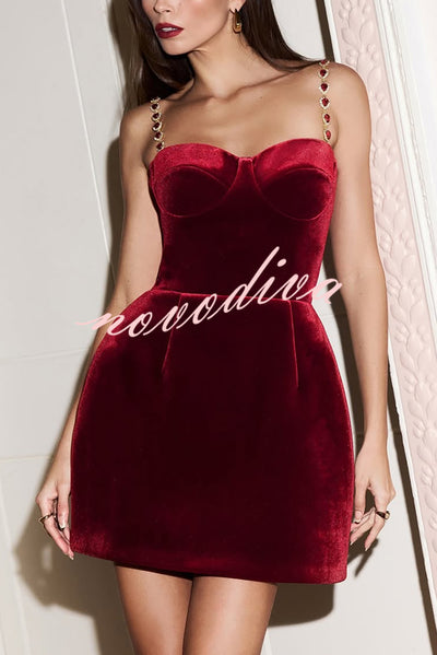 Harley Luxurious Velvet Fabric Jewel-embellished Shoulder Straps Pocket Tulip Mini Dress