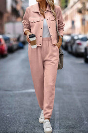 Solid Color Lapel Long Sleeve Jacket and Elastic Waist Casual Pocket Pants Set