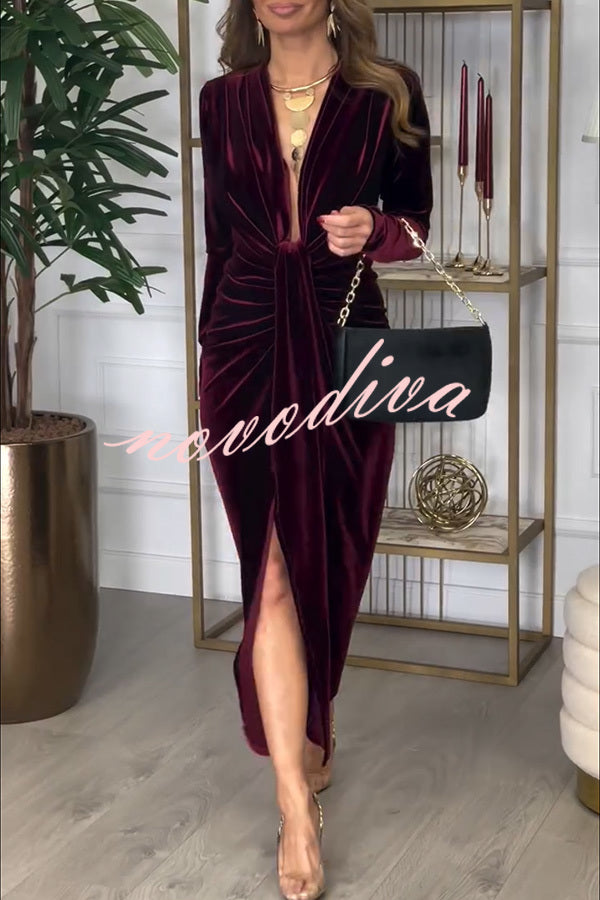 Creating Romance Velvet Ruched Drape Long Sleeve Stretch Maxi Dress