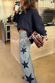 Jessy Denim Mid Rise Side Star Pattern Pocket Wide Leg Jeans