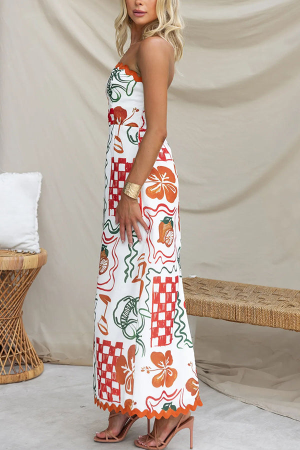 Cypress Unique Print Ric Rac Trim Back Smocked Strapless Maxi Dress