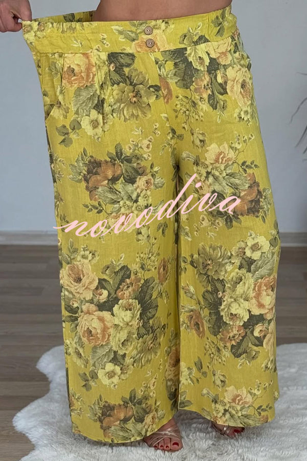 Linen Blend Crew Neck Long Sleeve Irregular Loose Top and Elastic Waist Floral Print Casual Pocket Set