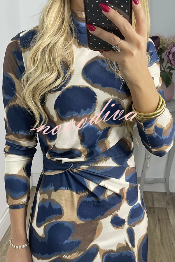 Kiele Unique Print Turtleneck Twist Detail Long Sleeve Stretch Midi Dress