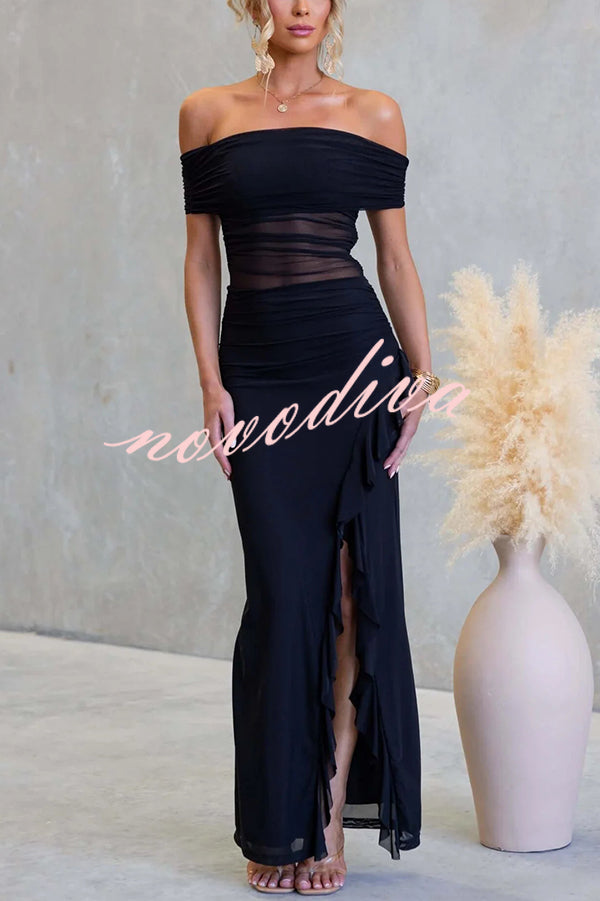 Sexy Mesh Off-shoulder Slim Fit Ruffled Slit Maxi Dress