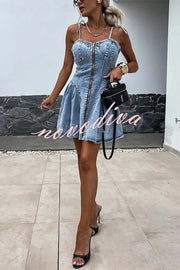 Fashionable Patchwork Suspender Zipper Slim Denim Mini Dress