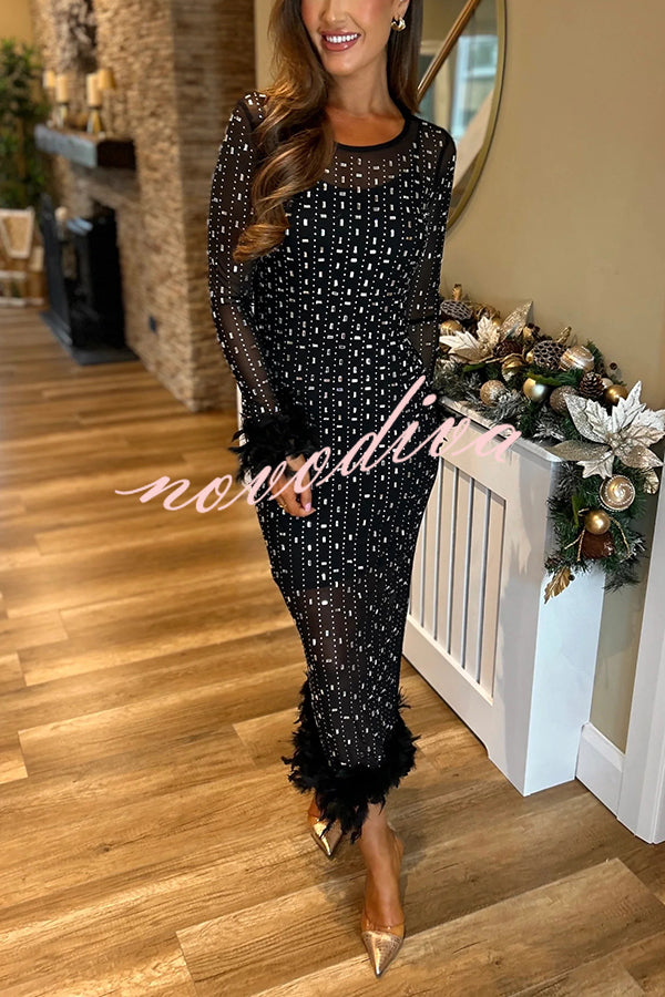 Sexy Long Sleeve Round Neck Feather Edge Rhinestone Decoration Slim Fit Maxi Dress