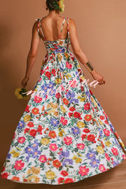 Garden Wedding Floral Print Back Tie-up Pocketed Slit Maxi Dress