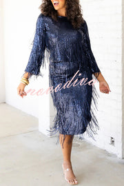 Insight Blueberry Sequin Fringe High Rise Elastic Waistband Midi Skirt
