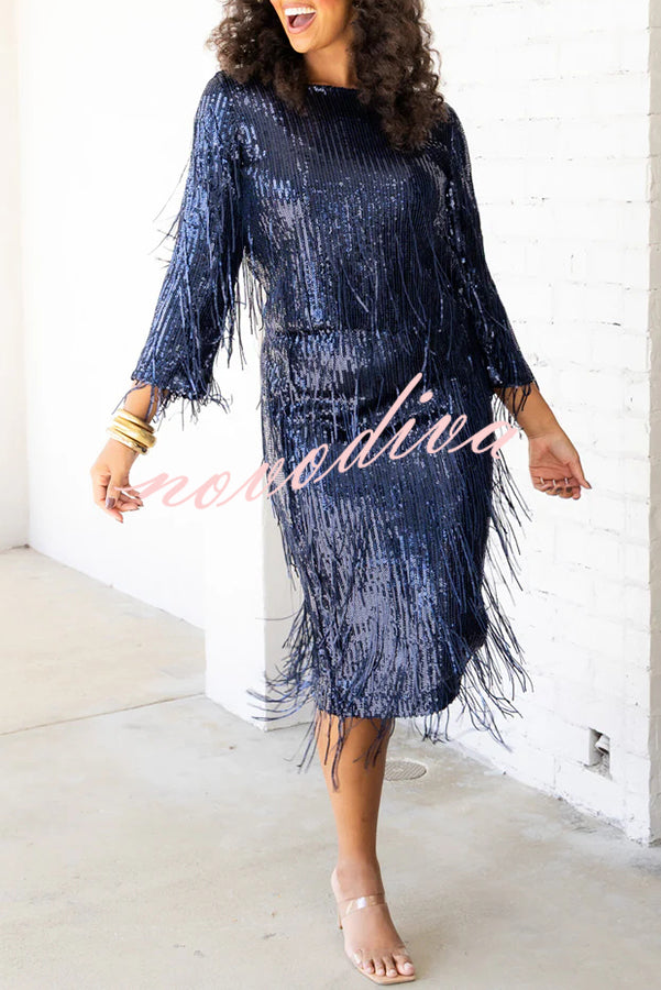 Insight Blueberry Sequin Fringe High Rise Elastic Waistband Midi Skirt