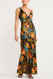 Forever Mine Satin Exclusive Botanical Print Slip Maxi Dress