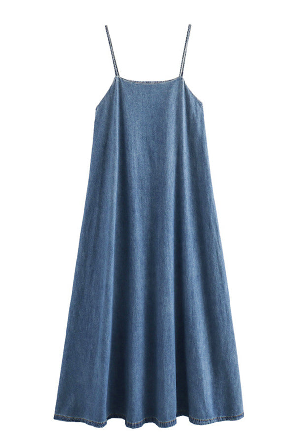 Tenaya Denim Back Elastic A-line Loose Slip Maxi Dress