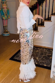 Playful Sparkling Large Sequin Faux Fur Tassel Hem Elastic Waist Maxi Skirt