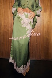 Eye-catching Work Contrast Color Satin Lace Trim Mid Rise Maxi Skirt