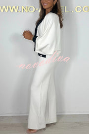 Fashion Contrast Color V-neck Loose Cardigan and Elastic Waist Casual Pants Set