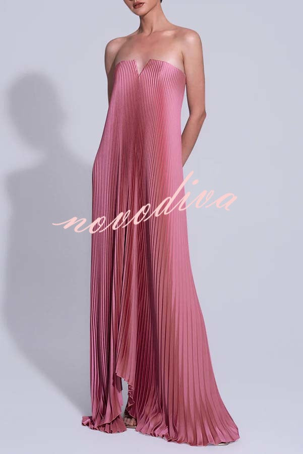 Darling Moment Satin Fabric Off Shoulder V-neck Asymmetric Hem A-line Maxi Dress