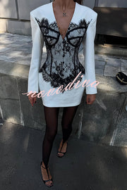 Saela Contrast Lace Corset Design V-neck Long Sleeve Tulip Mini Dress