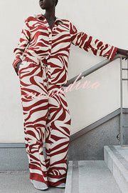Unique Print Lapel Long Sleeve Loose Shirt and Elastic Waist Casual Pocket Wide Leg Pants Set