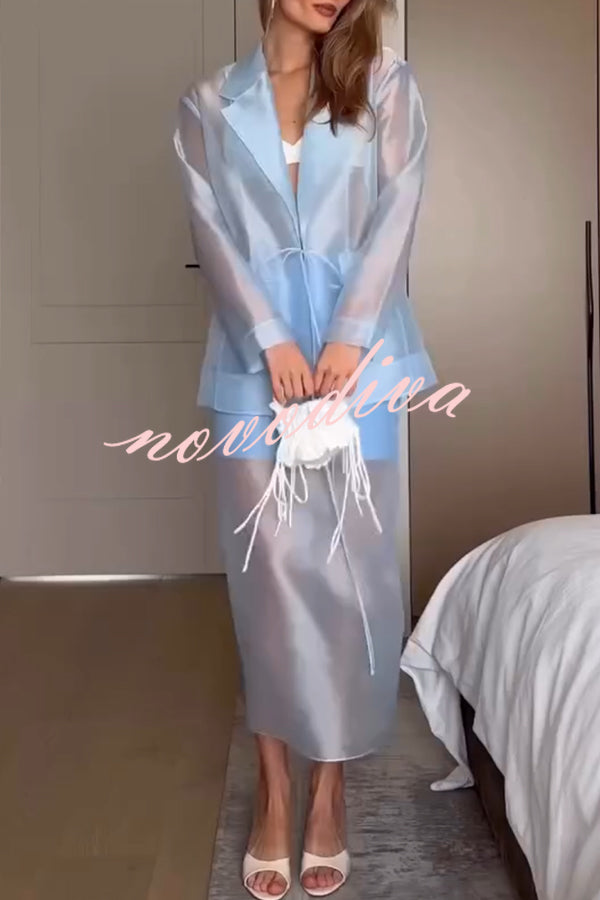 Simple and Light See-through Fabric Mid Rise Pencil Slit Midi Skirt