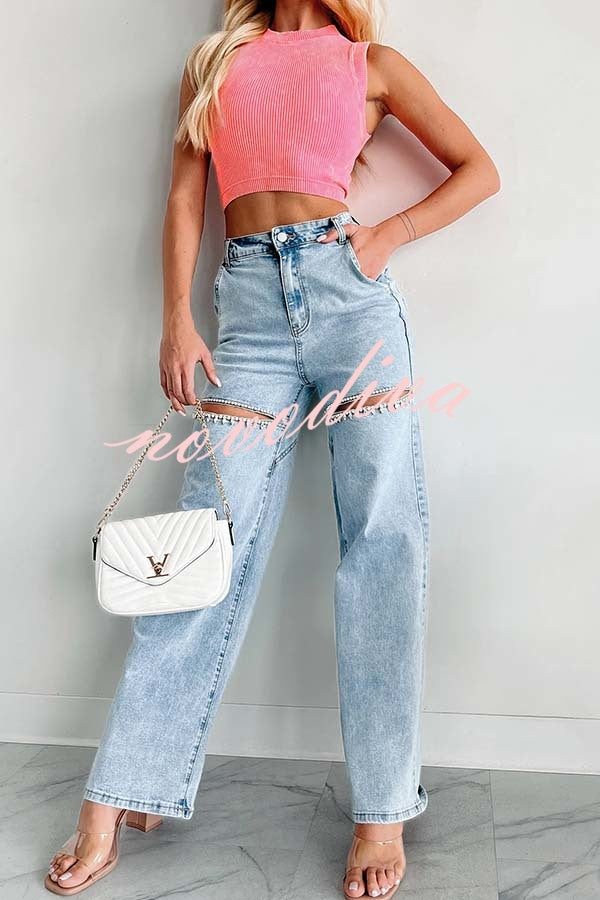 Blowing Your Mind Slit-Front Wide Leg Pocket Rhinestone Jeans