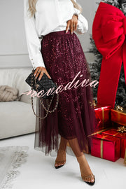 Party Daydream Sequin Tulle High Rise Elastic Waist Maxi Skirt