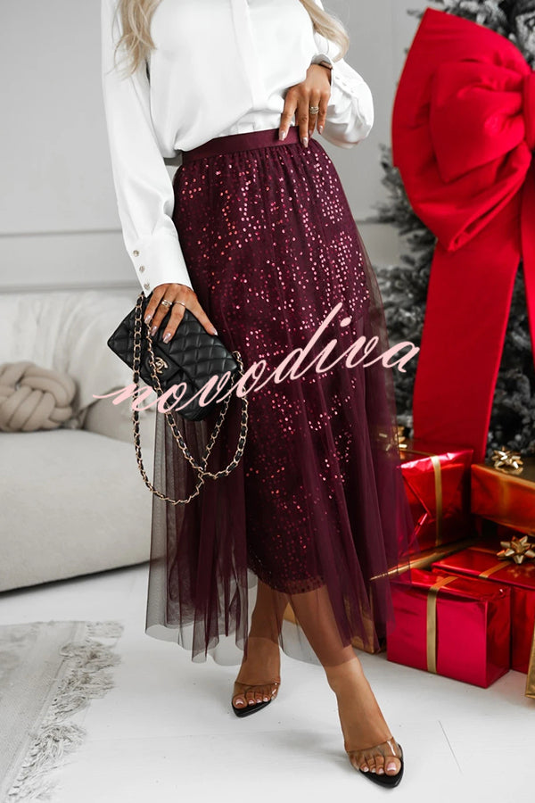Party Daydream Sequin Tulle High Rise Elastic Waist Maxi Skirt