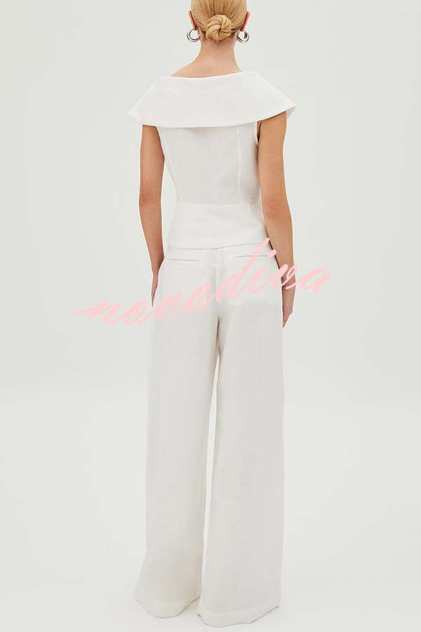 Velena Linen Blend Button Up Lapel Top and High Rise Pocket Wide Leg Pants Set