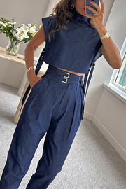 Posie High Neck Side Straps Top and Cargo Belt Pocketed Pants Set