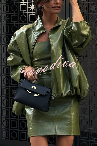 Solid Color Loose Long Sleeve Pocket Casual Leather Jacket