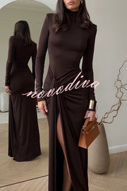 Luxe Silhouette High Neck Shoulder Pads Drape Stretch Maxi Dress