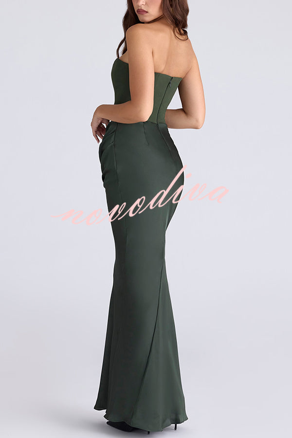 Attend The Gala Strapless Corset Satin Ruched Hip Drape Maxi Dress