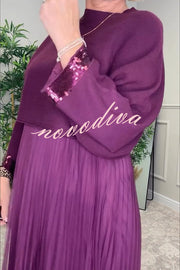 Fenna Ribbed Sequin Trim Batwing Sleeve Sweater and Pleated Tulle Stretch Tank Midi Dress Two-piece Set