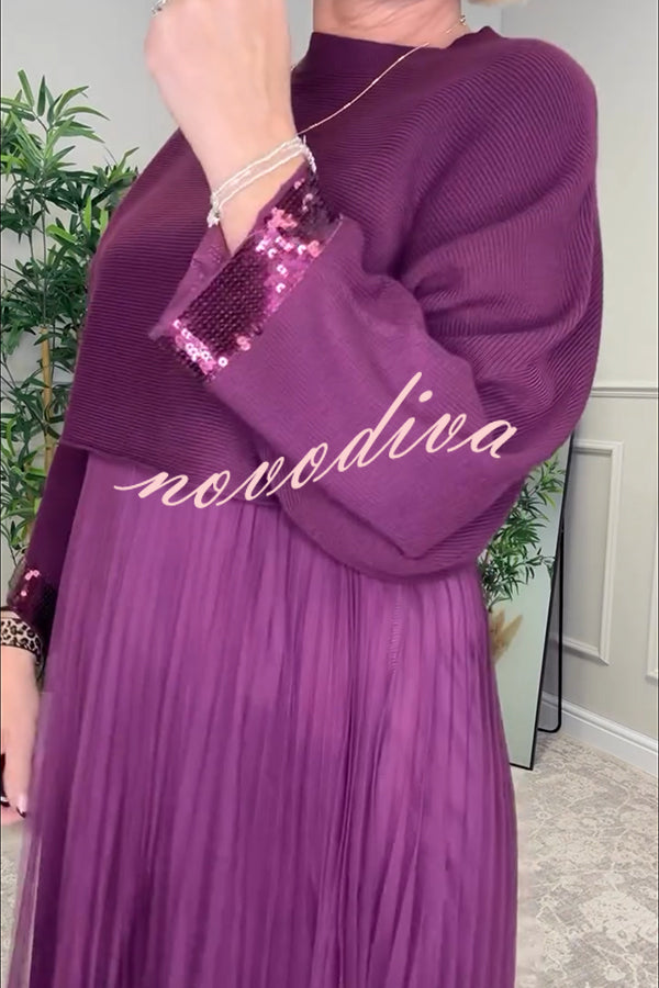 Fenna Ribbed Sequin Trim Batwing Sleeve Sweater and Pleated Tulle Stretch Tank Midi Dress Two-piece Set
