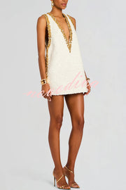 Cocktail Charm Sequin Colorblock Trim V-neck Sleeveless A-line Mini Dress