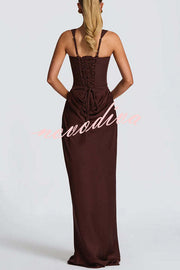 Larrah Square Neck Back Lace-up Satin Drape Hem Maxi Dress