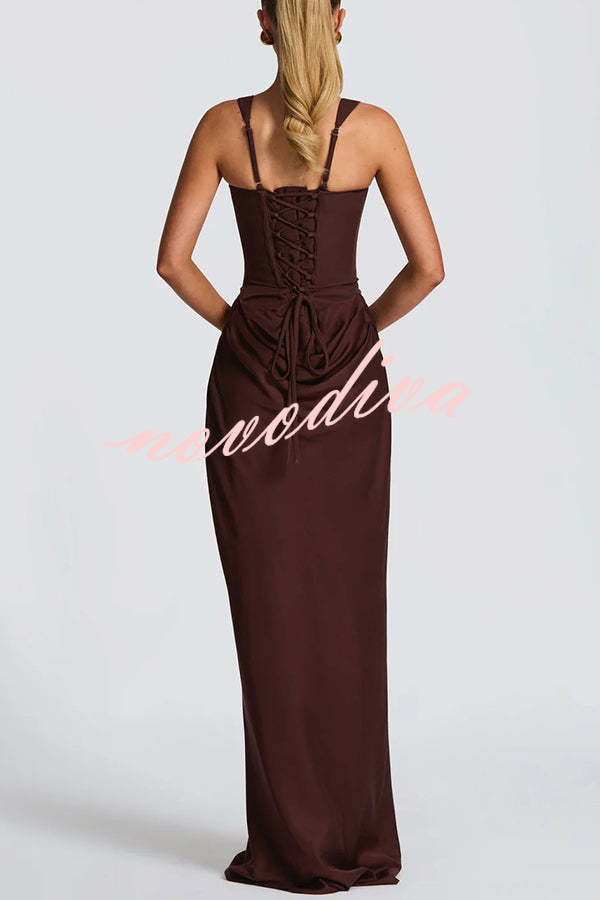 Larrah Square Neck Back Lace-up Satin Drape Hem Maxi Dress