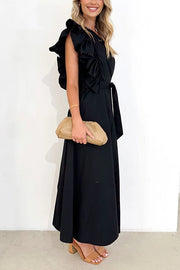 Solid One Shoulder Ruffled Sleeves Tie Waist Maxi Dress