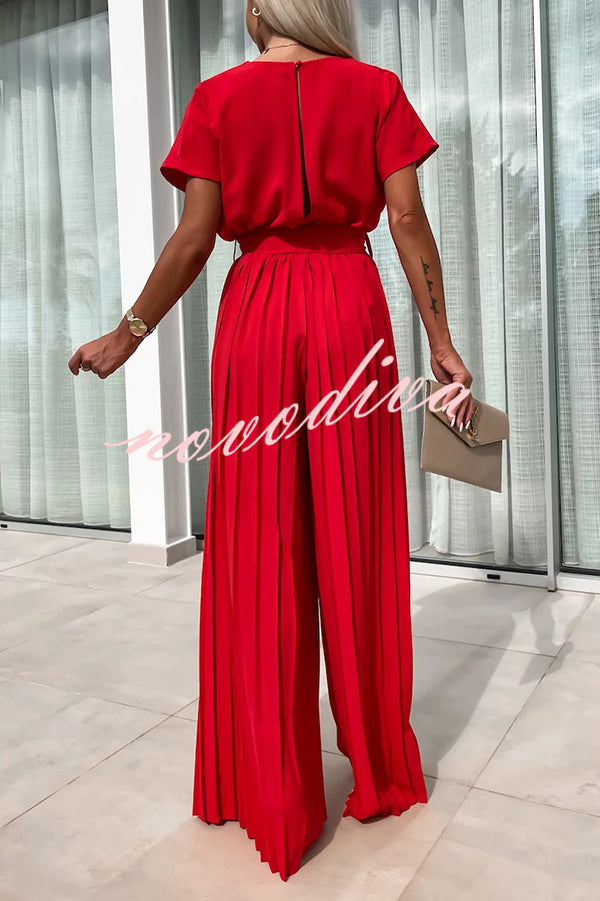 Ivy Cowl Neck Short Sleeve Belt Pleated Loose Wide Leg Jumpsuit