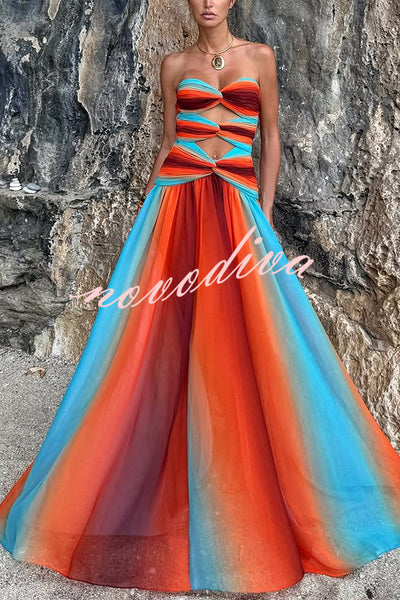 Neon Sunset Mesh Printed Twist Cutout Off Shoulder Vacation Maxi Dress